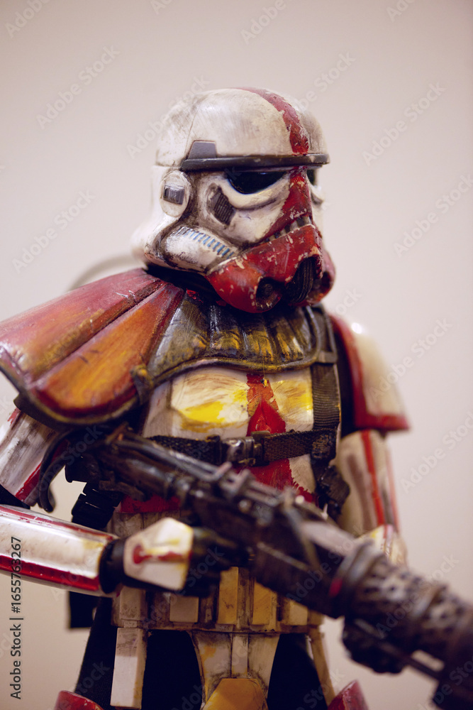 Obraz premium Incinerator Trooper toy model on August 5, at 2025 Comicon El Salvador, showcasing detailed black-red armor