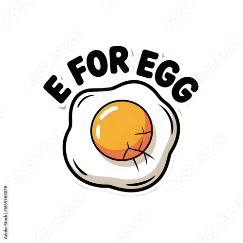 E for Egg sticker, sticker-like bruise, and "E for Egg" in bold, friendly letters. "E" alphabet 