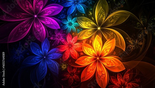 Vibrant fractal flowers in dark background