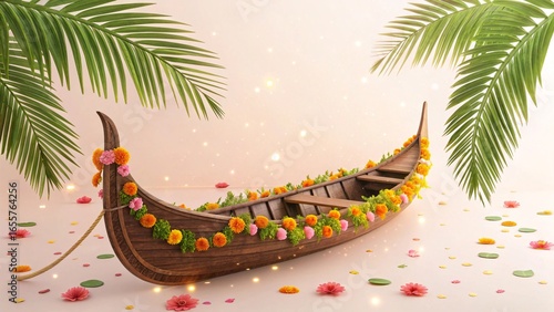 A beautifully decorated boat with vibrant flowers and lush green palm leaves creates a festive and celebratory atmosphere perfect for cultural events and traditions