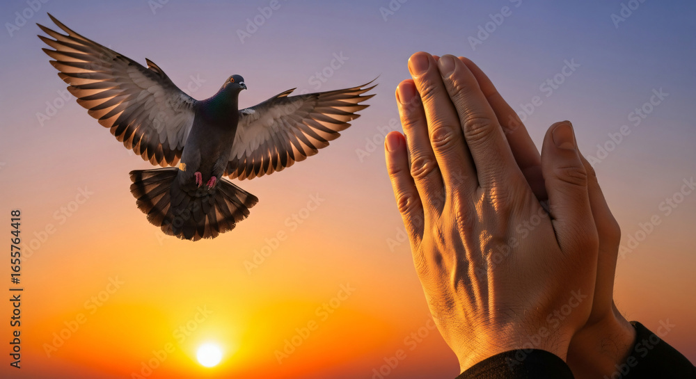 Fototapeta premium Two hands together in prayer with a pigeon flying in the sky, hands praying in faith and freedom, bird flying over orange and purple sunset, symbol of peace, spirituality, religion, and hope.