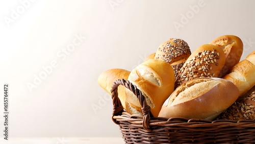 Rustic wicker basket brimming with an abundant variety of golden freshly baked breads and rolls on a light background with copy space.
