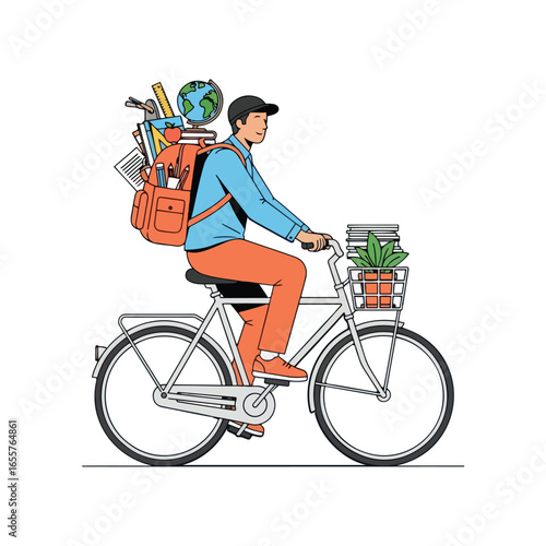 Illustration of a young man riding a bicycle with a backpack overflowing with school supplies and books, and a plant in the front basket.