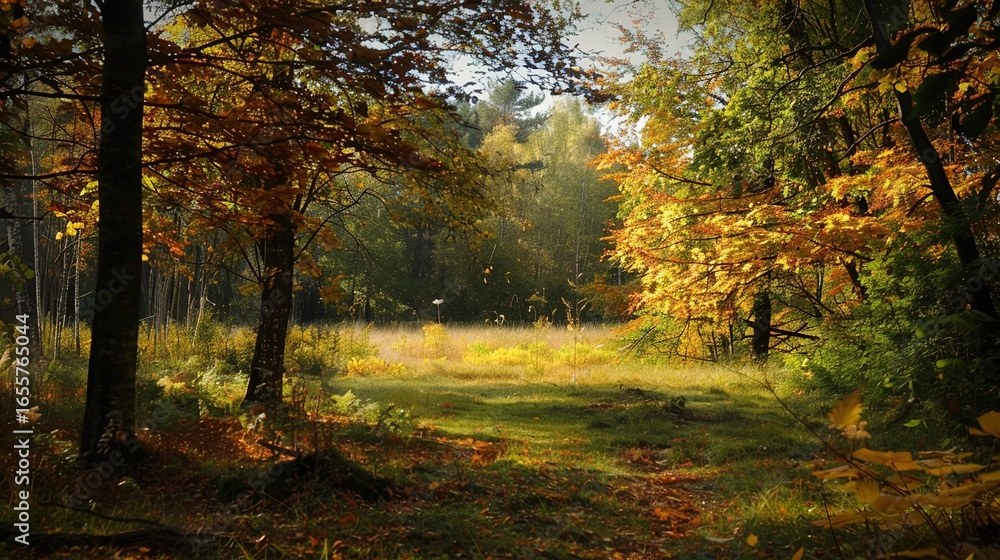 Fototapeta premium Enchanting Beginning of Autumn: Crisp Air, Golden Leaves, and Harvest Vibes Marking the Onset of Fall, Featuring Cozy Sweaters, Pumpkin Patches, and Sunset Hues, Perfect for Seasonal Art, Lifestyle Ph