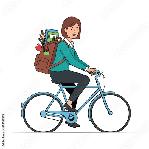 A teacher welcomes youth pupils back to school. An educational clip art for an academic lesson in an elementary classroom with textbook and stationary.