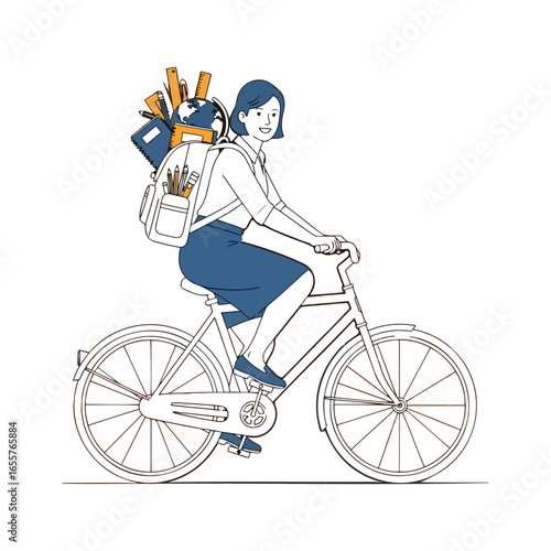 Student biking to school, heavily laden backpack, globe, books, supplies.