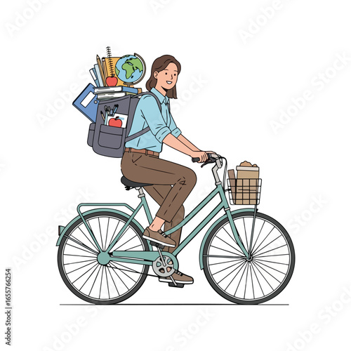 Smiling student biking to school, laden backpack, supplies in basket.