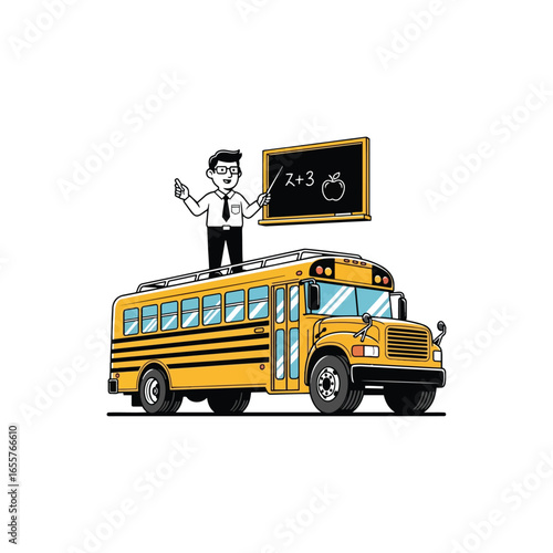 A cartoon teacher gives a math lesson on a blackboard while standing on the roof of a yellow school bus.