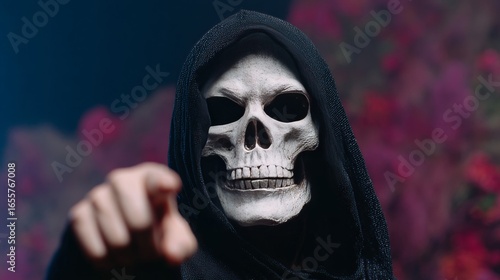 A skeletal figure cloaked in shadow points ominously, conjuring Samhain's mystique and Dia de los Muertos reverence