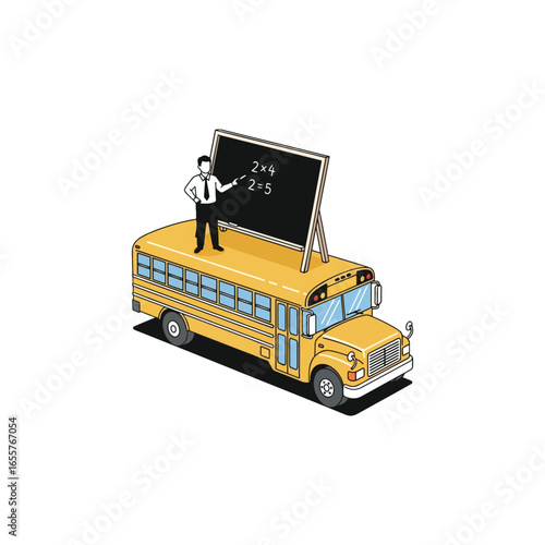 A teacher gives a math lesson on a chalkboard placed on the roof of a yellow school bus.