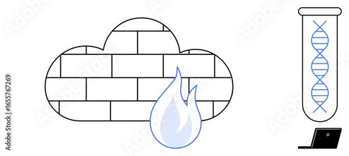 Cloud-shaped firewall with flame graphic, DNA strand in test tube, and laptop. Ideal for cybersecurity, DNA analysis, technology, cloud computing, innovation biotech and data safety. Simplistic