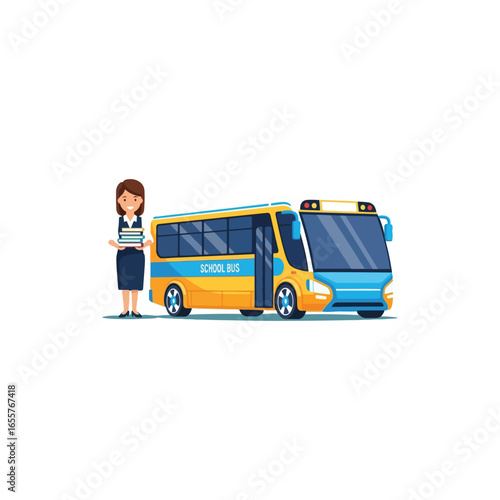 Back to School A Colorful Elementary Classroom Clip Art Featuring a Teacher, School Bus, and Pupils, Celebrating the Beginnings of Academic Learning Together