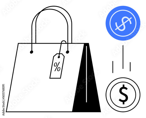 Shopping bag with discount tag, blue coin with dollar sign, dropping currency symbol. Ideal for retail, e-commerce, shopping, savings, financial transactions, price discounts and economic concepts