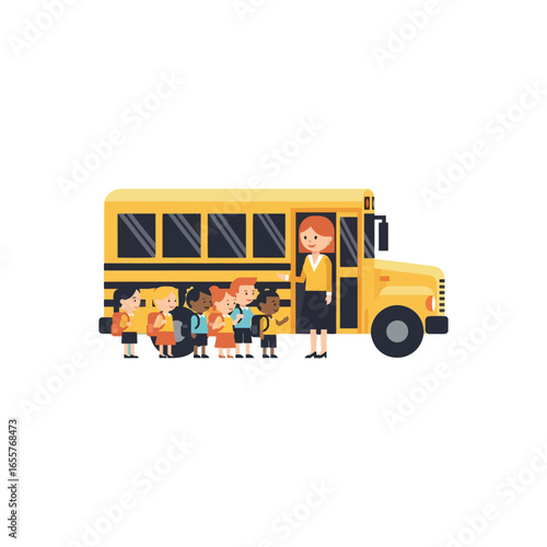 A diverse group of young students lining up to board a yellow school bus with their teacher.