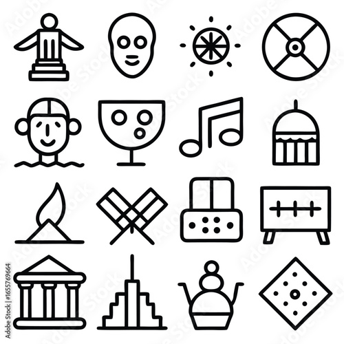 Diverse Collection Of Icons Including Buildings Masks Music And Religious Symbols