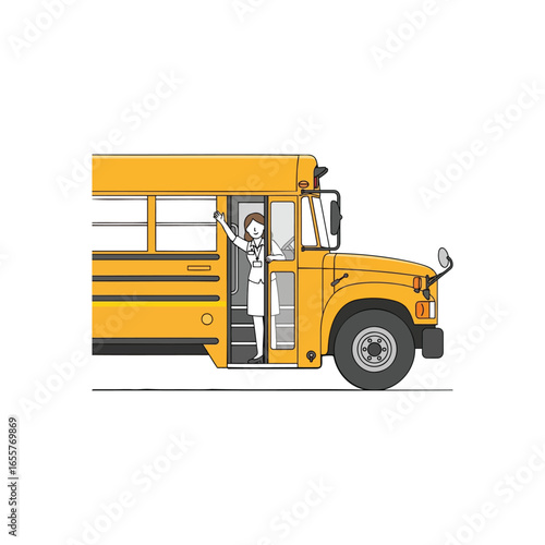 Illustration of a school bus with a woman waving from the open doorway, welcoming passengers.