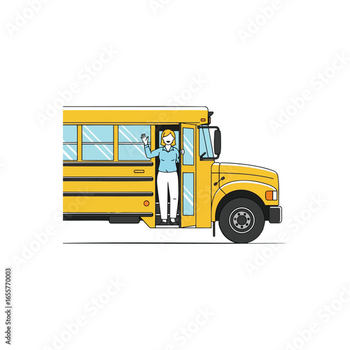 A cheerful school bus driver waves from the open doorway of the yellow vehicle.