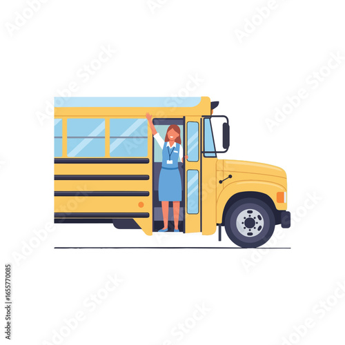 A school bus with a female driver standing in the open doorway, waving with her hand.