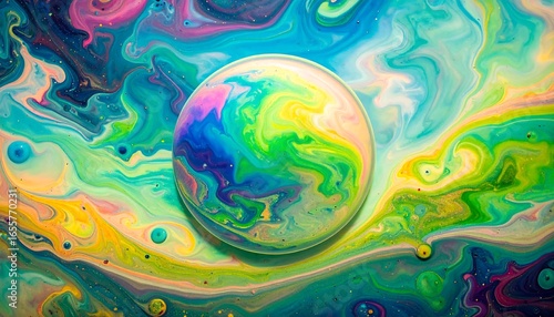 A vibrant, swirling composition of colorful paint, showcasing a central sphere with intricate patterns and textures.