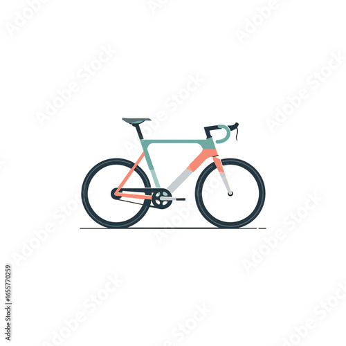 A minimalist illustration of a road bicycle with a colorful frame, black tires, and a sleek design, isolated on a white background.