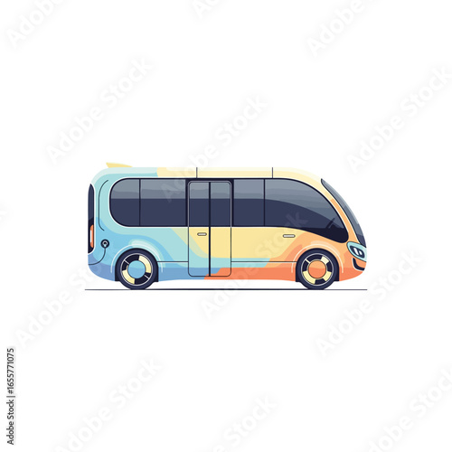 Colorful, modern, stylized illustration of a futuristic bus, side view.