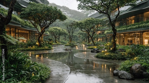 Lush, rain-soaked courtyard with winding pathways and reflective pools