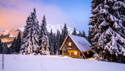 A cozy wooden cabin nestled amongst snow-dusted evergreens, bathed in the soft glow of twilight, sits amidst a majestic mountain range.