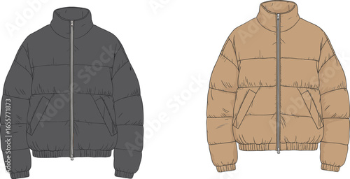 Puffer jacket design, winter coat flat sketch, padded outerwear cad drawing, fashion vector template, garment illustration, clothing blueprint, cold weather apparel