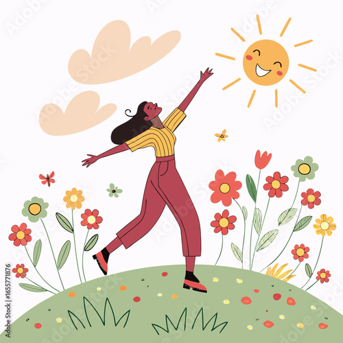 A young woman joyfully reaches for the sun in a vibrant flower field, embodying happiness and the carefree spirit of spring