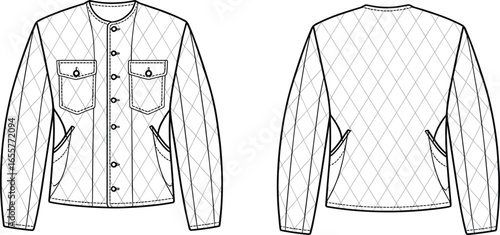 Quilted jacket design, outerwear flat sketch, button up coat cad drawing, fashion vector template, garment blueprint, apparel illustration, winter clothing pattern