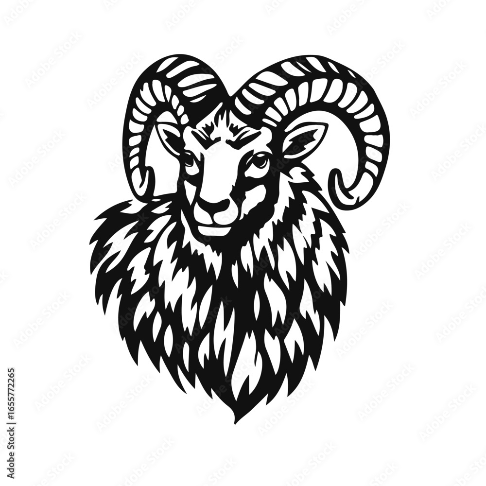 Obraz premium Ram head vector illustration, black and white animal logo, wild horned goat design