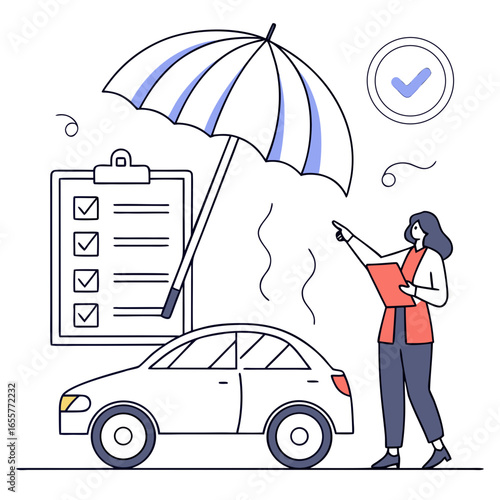 Car insurance policy with umbrella and agent, vector illustration of vehicle protection and financial security