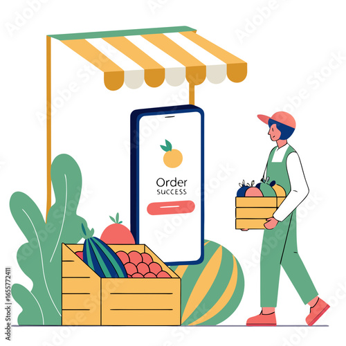A man is carrying a box of fresh vegetables and fruits in front of a market stand and a phone with an order success message