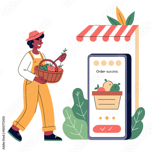 A woman is walking with a basket of vegetables after ordering online from a grocery store, order success notification on the phone screen