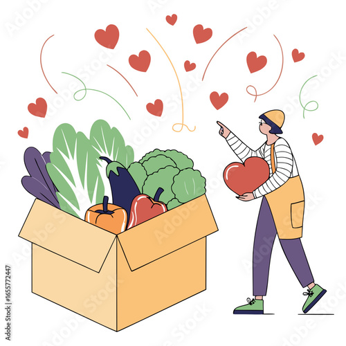 A woman holding a heart next to a box full of fresh vegetables, surrounded by hearts, symbolizing healthy eating, donation and support