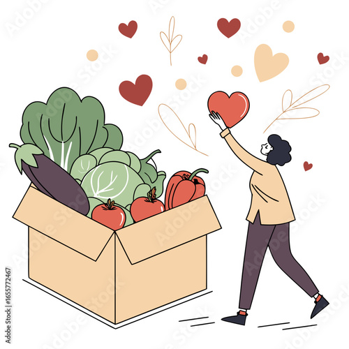 A woman holding a heart next to a box full of fresh vegetables, surrounded by hearts, symbolizing healthy eating, donation and support