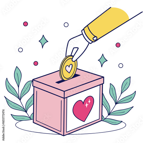 Illustration of a hand putting a coin with a heart into a donation box, symbolizing charity, love, and support