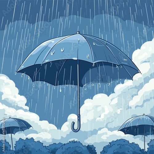 A background of rainy, gloomy weather. Umbrellas are getting rained on