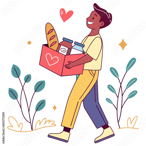 A smiling volunteer carries a box of food donations, embodying charity, community support, and the act of giving with love and kindness