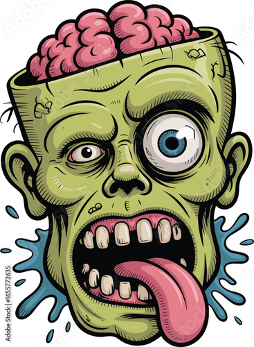 Scary zombie head cartoon with exposed brain, bulging eyes, drooling tongue and creepy face expression, Halloween horror vector illustration