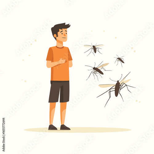 A man is swatting away annoying mosquitoes. A person bitten by a mosquito