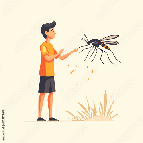 A man is swatting away annoying mosquitoes. A person bitten by a mosquito