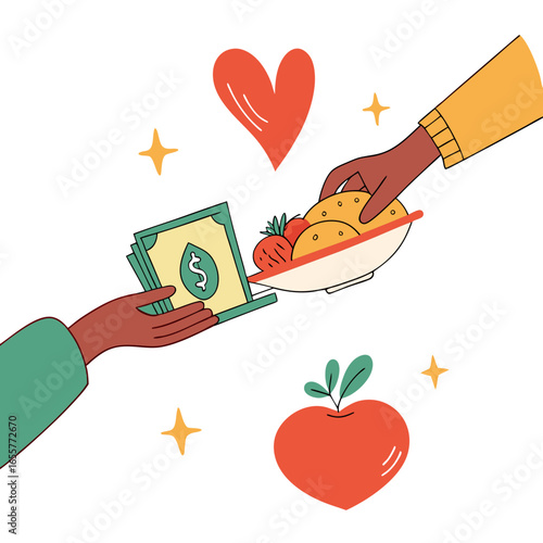 Illustration of hands exchanging food and money, symbolizing donation, charity, and love