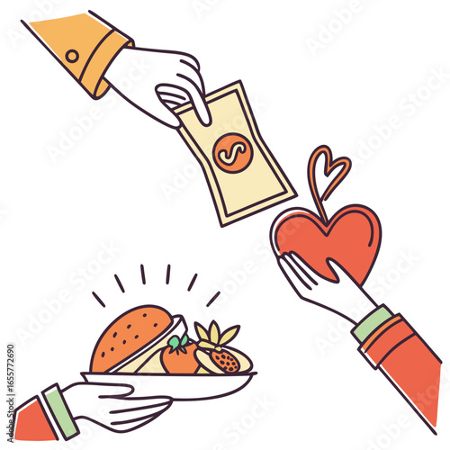 Illustration of hands exchanging money and a heart for a plate of food, representing donation, charity, and giving