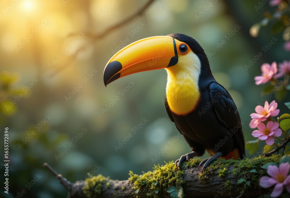 Naklejka premium Toucan perched on a mossy branch pink flowers in the background
