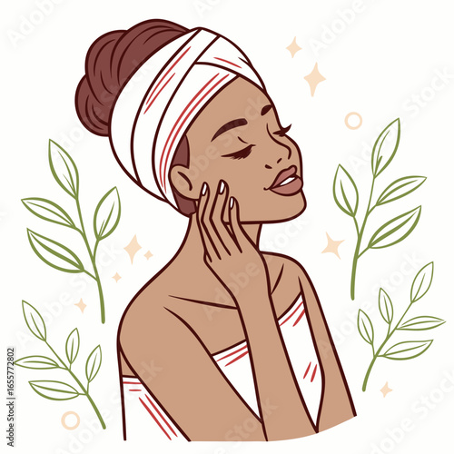 Beautiful woman enjoying a spa day with a towel wrapped around her head, surrounded by leaves and sparkles