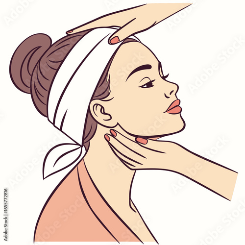 Beautiful woman enjoying a facial massage with a headband on, receiving a relaxing spa treatment