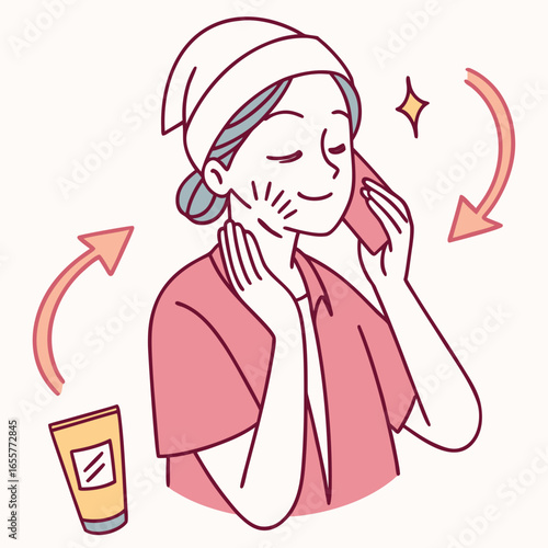 Illustration of a womans skin care routine, showing the steps of applying cream, a simple and cute drawing style