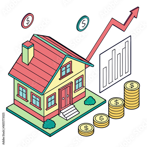 Isometric illustration depicting a house with an upward trending arrow and coins, symbolizing the increase in real estate value and investment growth