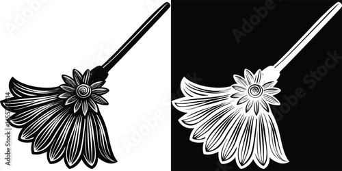 Elegant ornamental broom icon for Halloween designs, featuring a vintage monochrome style perfect for spooky season promotions